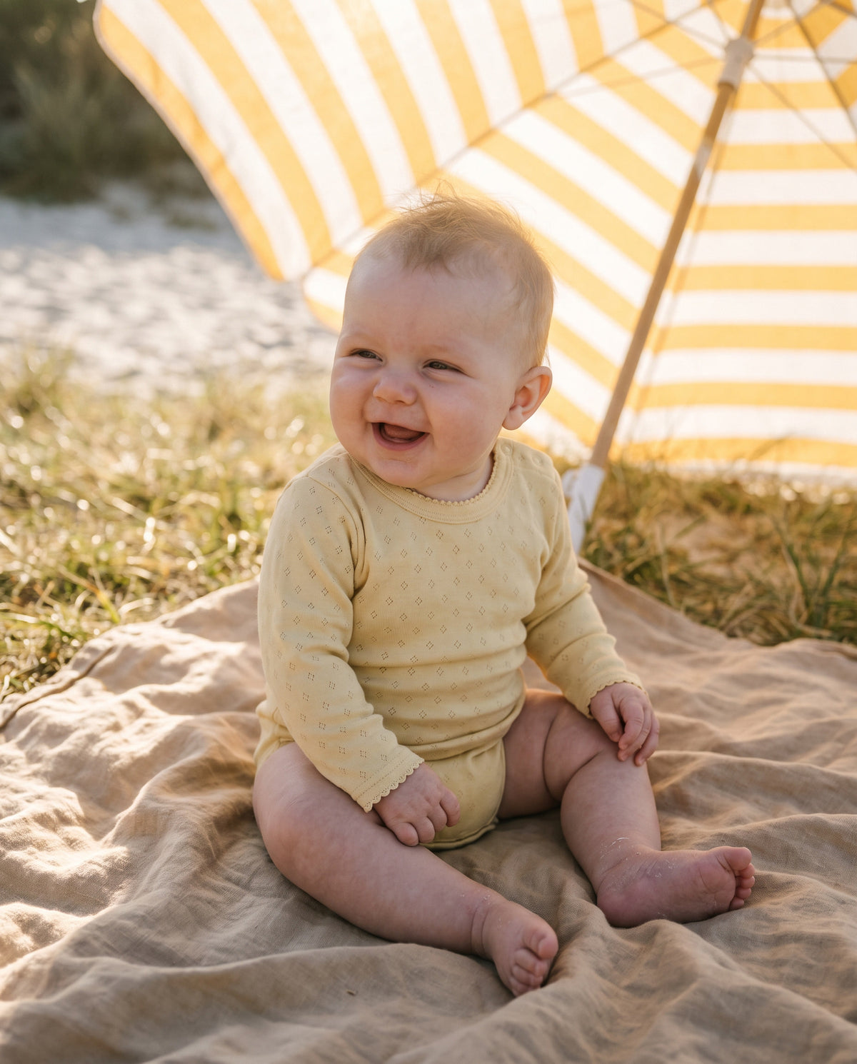 Wollen romper lange mouwen pointelle - merinowol - Dusty Yellow
