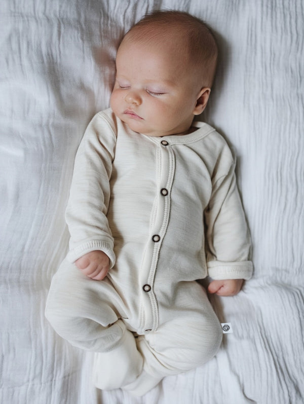 Wollen baby pakje / playsuit - Merinowol - Natural met omslagvoetjes