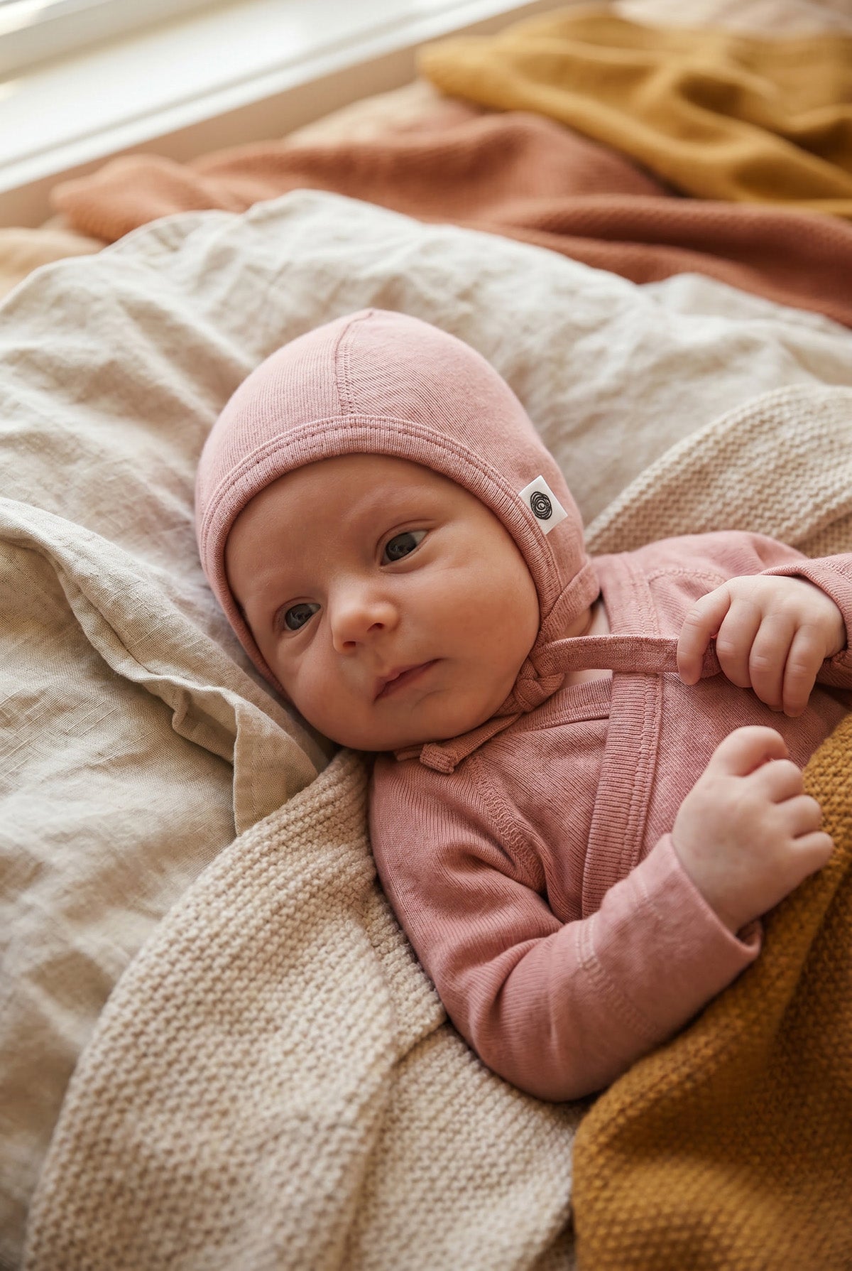 Babymütze mit Schleife aus Wolle – Merinowolle – Misty Rose