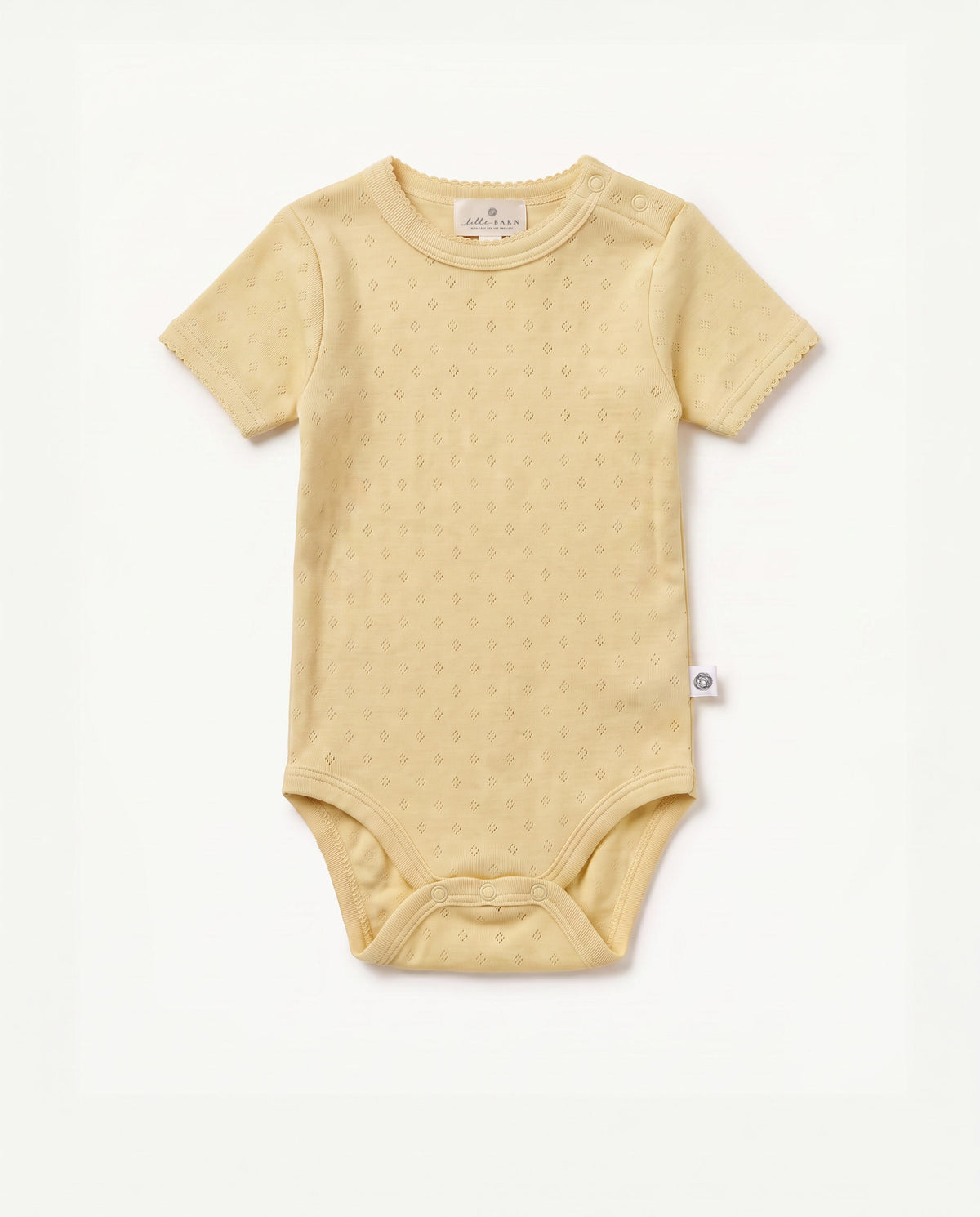 Woolen short-sleeve pointelle romper – merino wool – Dusty Yellow