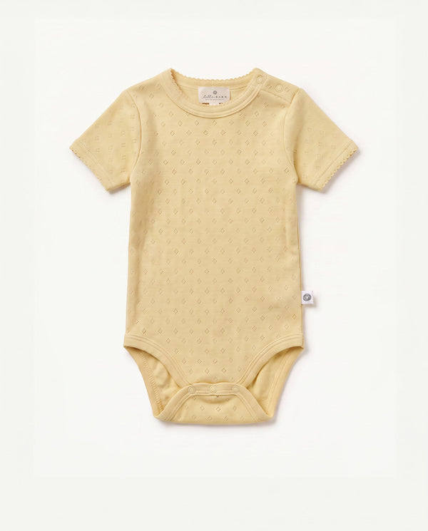 Woolen short-sleeve pointelle romper – merino wool – Dusty Yellow