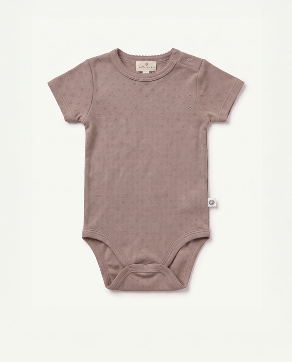 Woolen short-sleeve pointelle romper – merino wool – Funghi