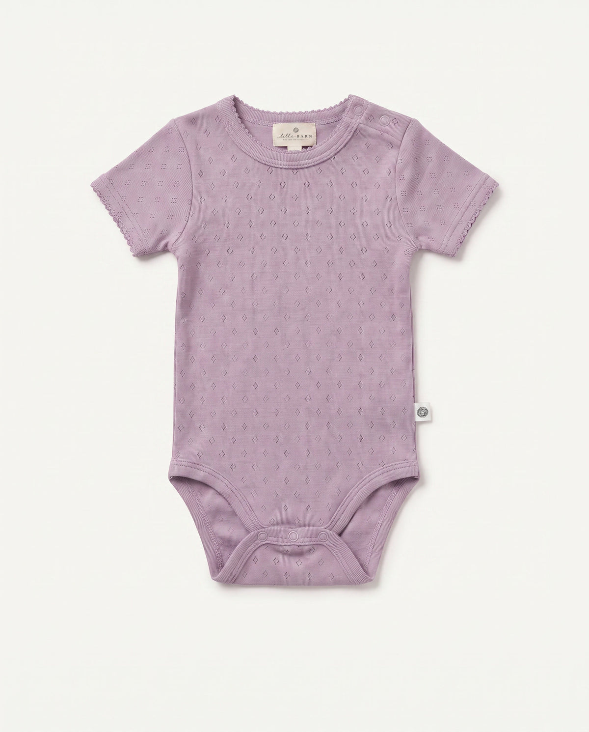 Uld buksedragt med korte ærmer pointelle – merinould – Lavender Frost