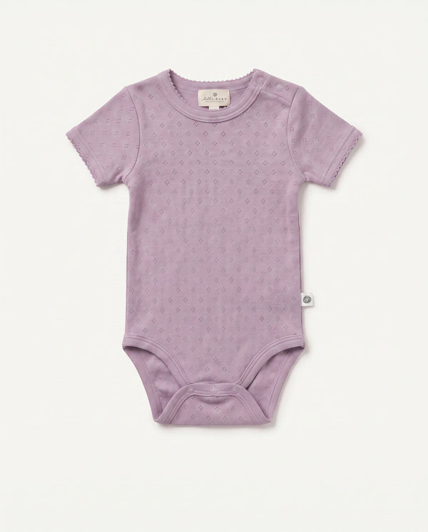 Woolen short-sleeve pointelle romper – merino wool – Lavender Frost