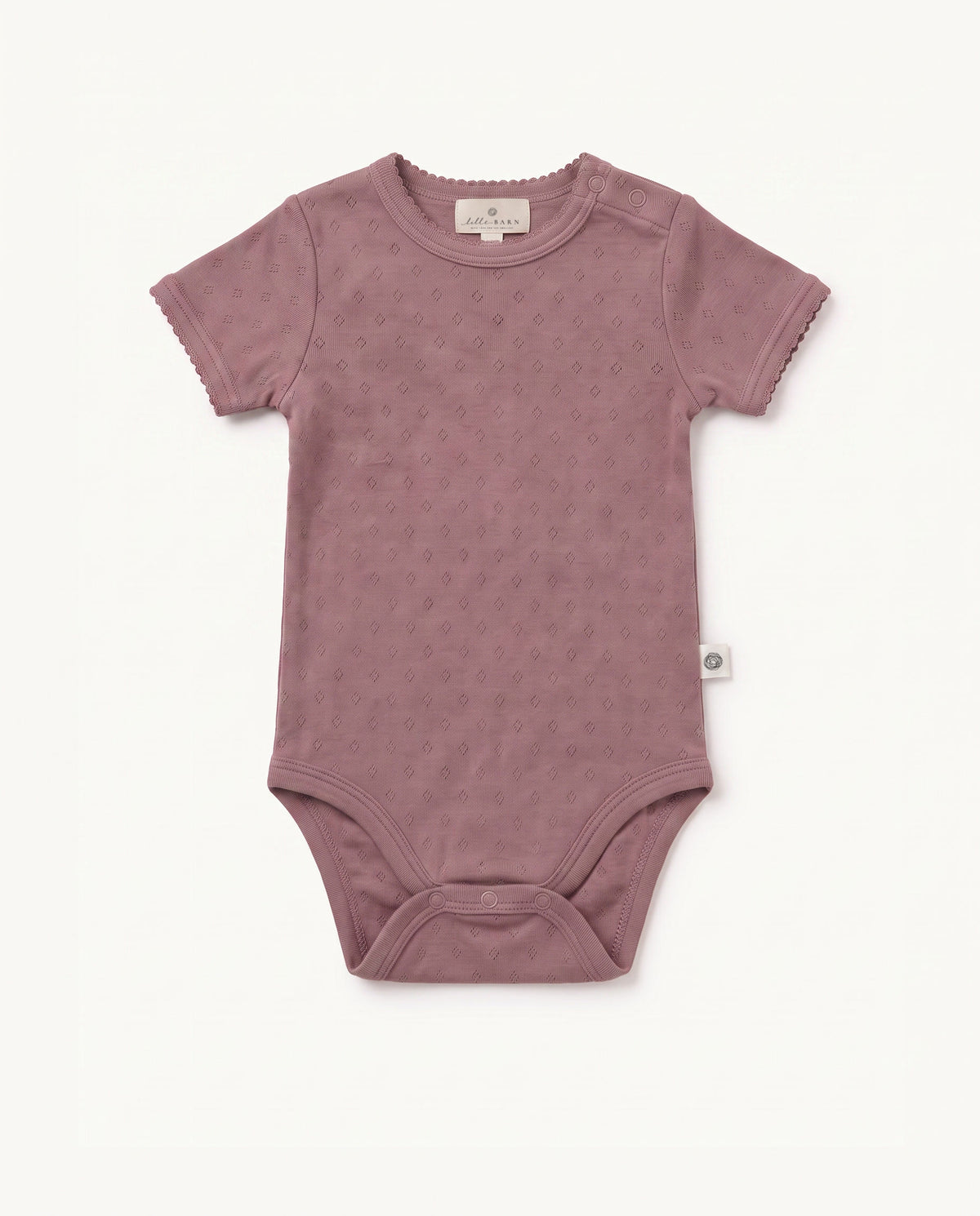Woolen short-sleeve pointelle romper – merino wool – Rose Brown