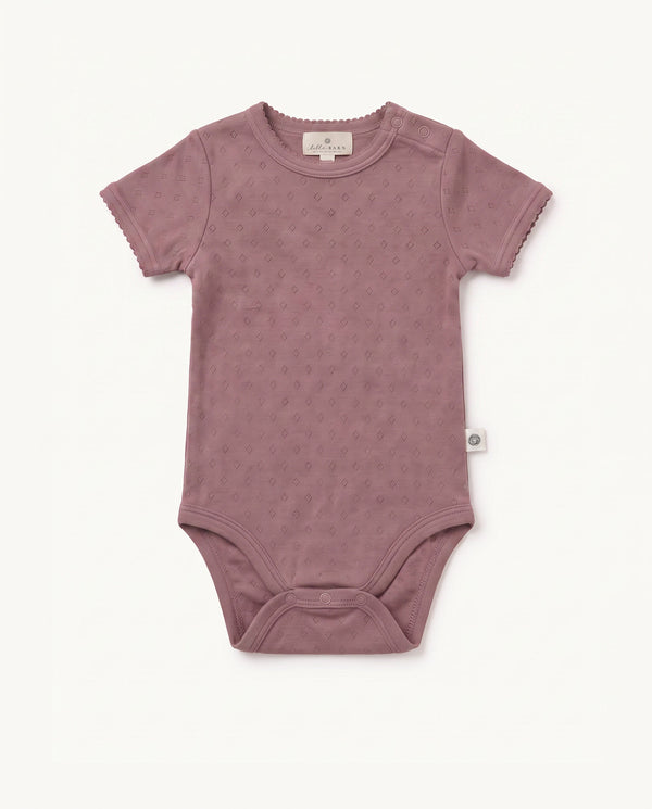 Woolen short-sleeve pointelle romper – merino wool – Rose Brown