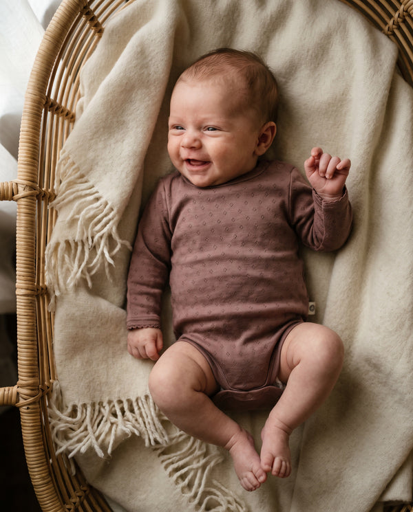 Wollen romper lange mouwen pointelle - merinowol - Rose Brown