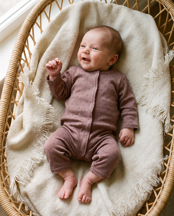 Combinaison en laine en pointelle - laine mérinos - Rose Brown