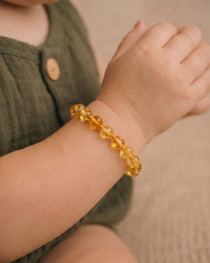 Baby/Child – Amber Bracelet - Round Beads - Polished - 14cm -Lemon