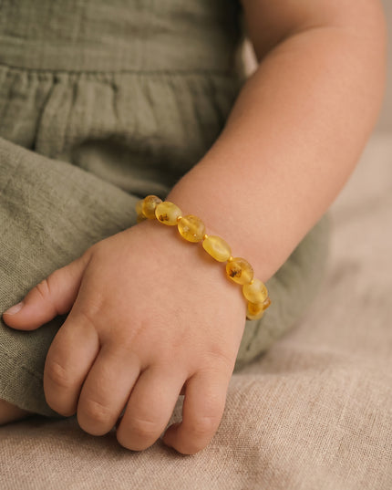 Bébé/Enfant - Bracelet en ambre - Perles brutes ovales - Citron - 14cm