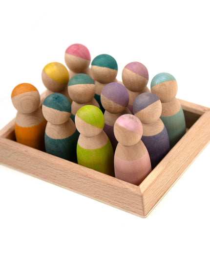 Wooden Toys - 12 Wooden Dolls Pastel - Montessori - Open-Ended Toys