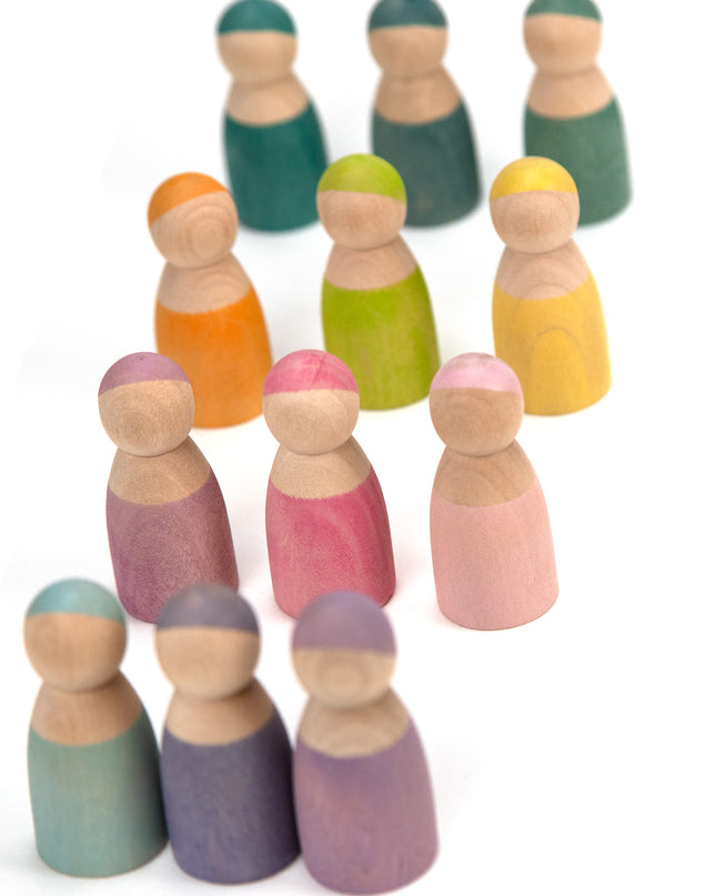 Wooden Toys - 12 Wooden Dolls Pastel - Montessori - Open-Ended Toys