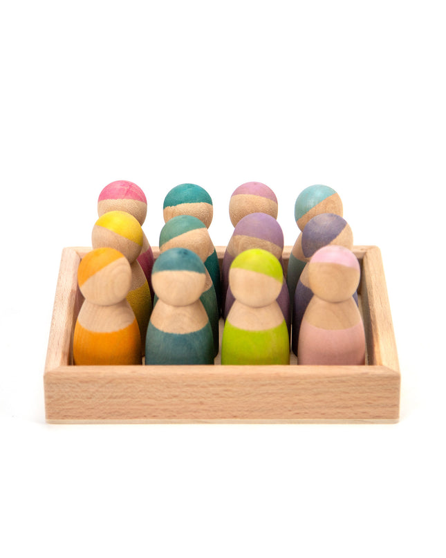 Wooden Toys - 12 Wooden Dolls Pastel - Montessori - Open-Ended Toys