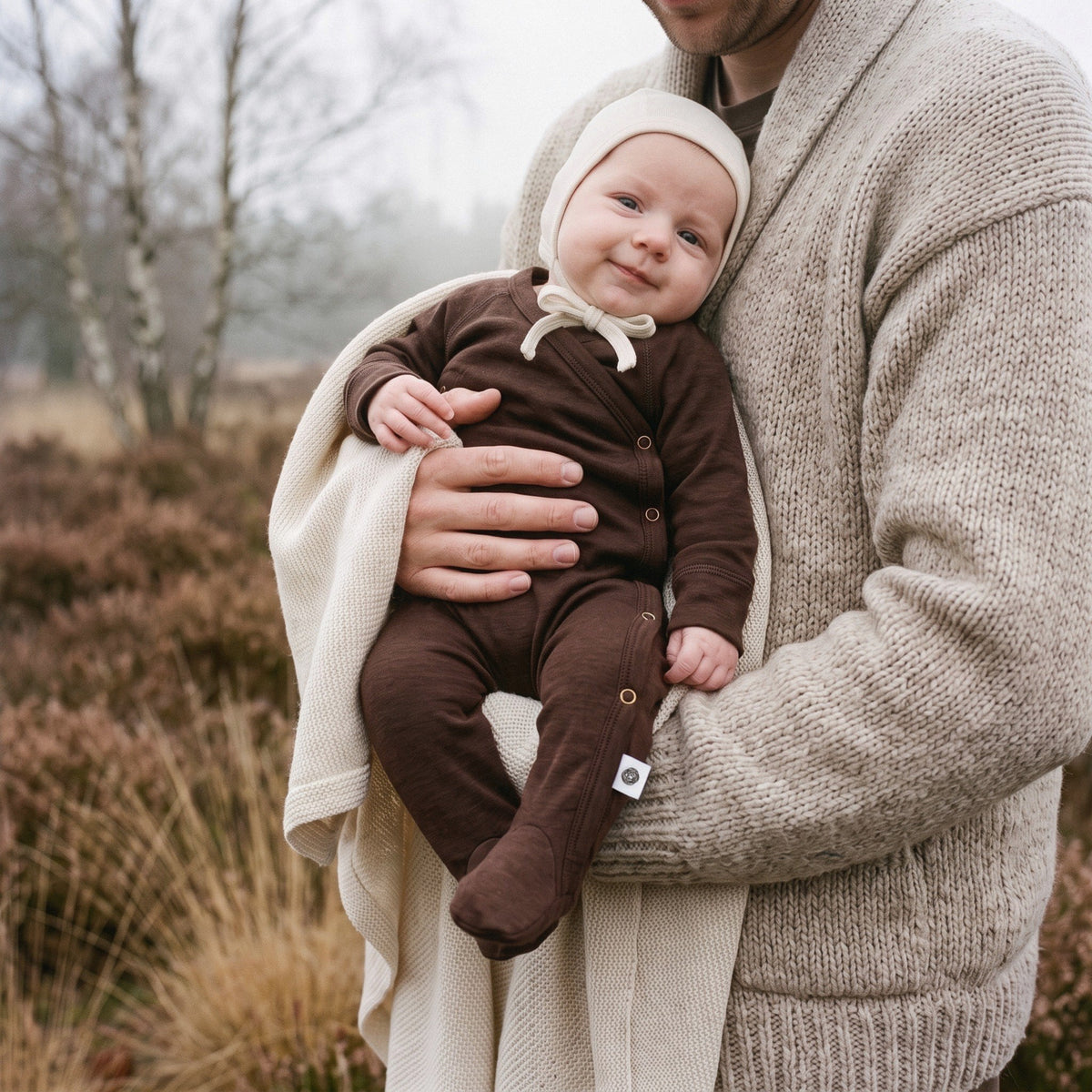 Lachende baby in merinowollen boxpakje chocolate fondant met strikmutsje naturel, warm in papa's armen op een herfstige heide
