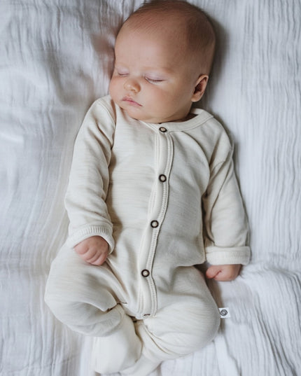 Wool baby romper / playsuit - Merino wool - Natural with fold-over feet