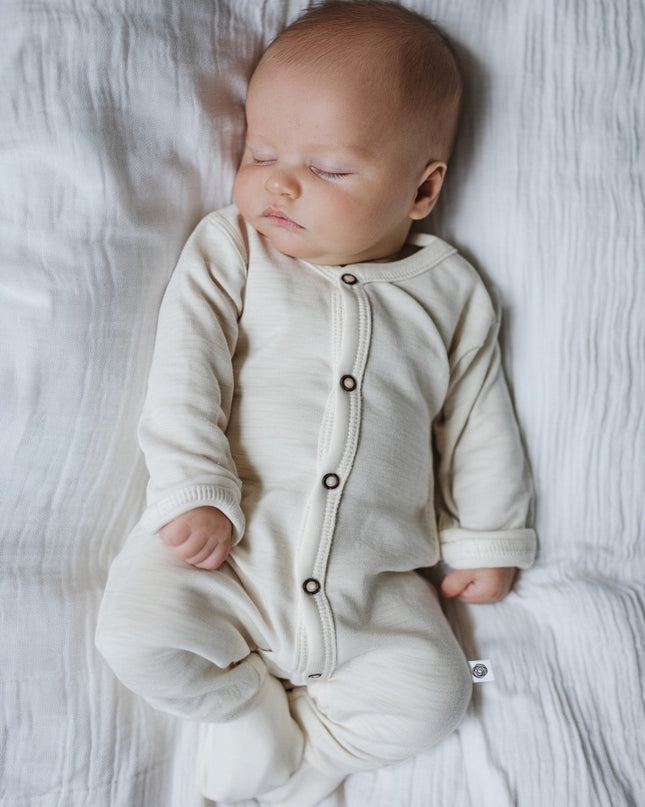 Wollen baby pakje / playsuit - Merinowol - Natural met omslagvoetjes
