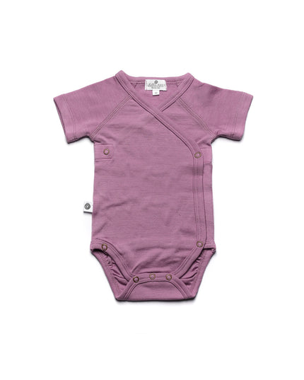 Short sleeve woolen wrap romper – merino wool