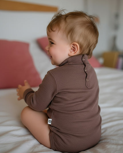 Long-sleeved wool romper with turtleneck - Merino wool - Peppercorn