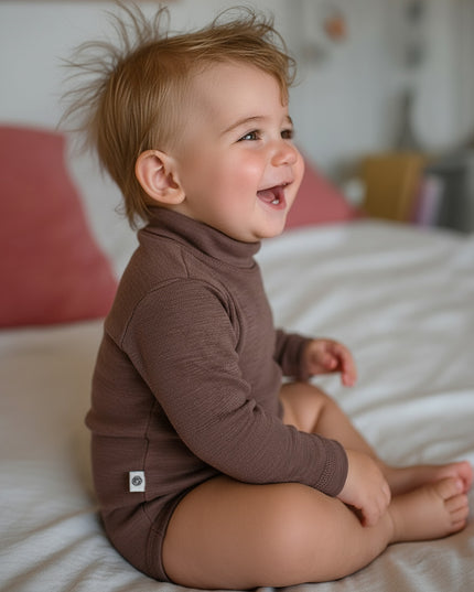 Long-sleeved wool romper with turtleneck - Merino wool - Peppercorn