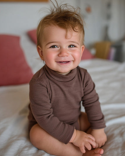 Long-sleeved wool romper with turtleneck - Merino wool - Peppercorn