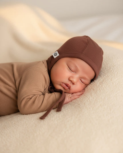 Baby woolen bow hat – Merino wool – Cinnamon