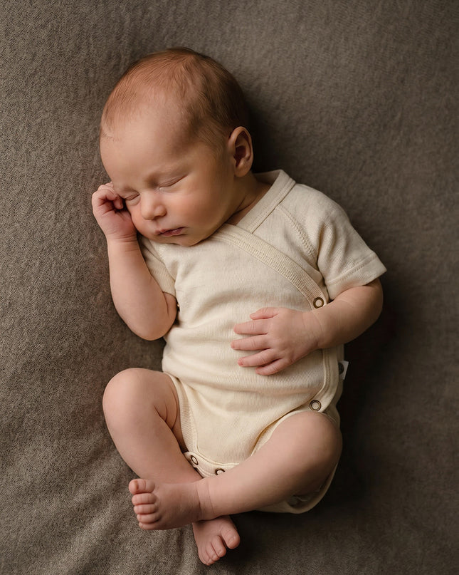 Short sleeve woolen wrap romper – merino wool
