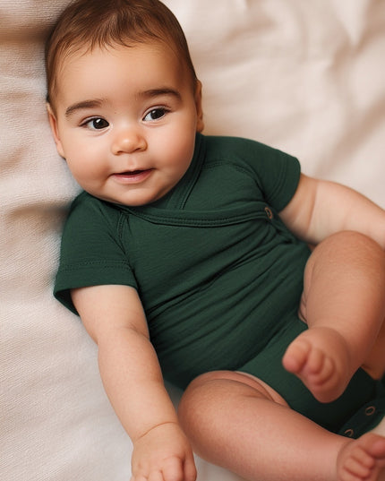 Short sleeve woolen wrap romper – merino wool