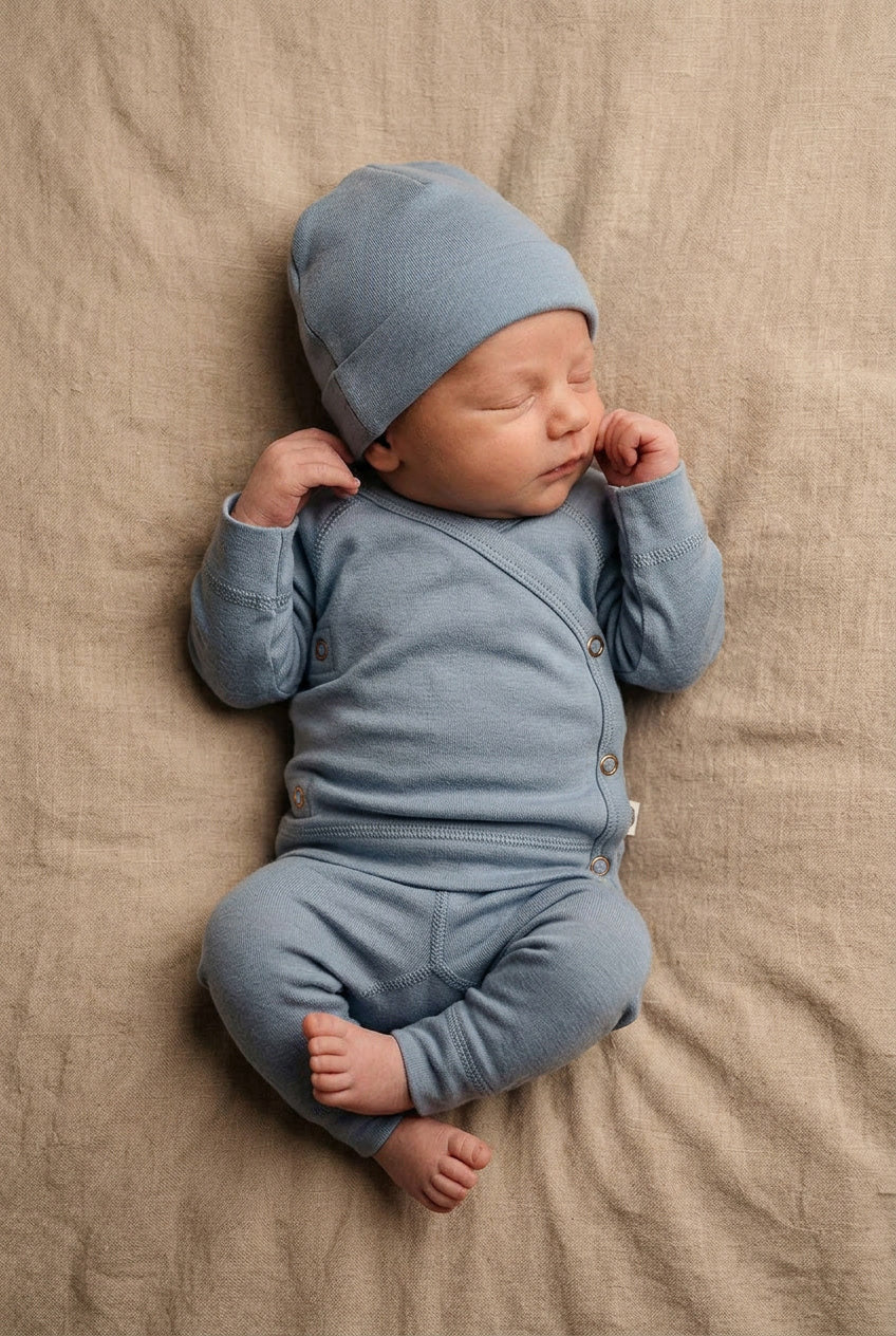 Baby wollen overslagtrui – Merinowol  - Blue Fog