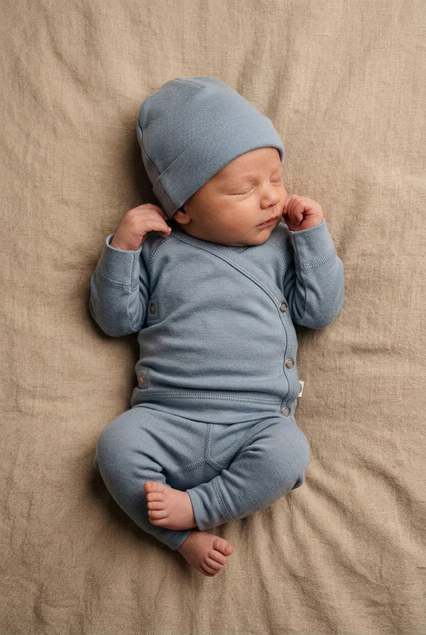 Baby wollen overslagtrui – Merinowol  - Blue Fog