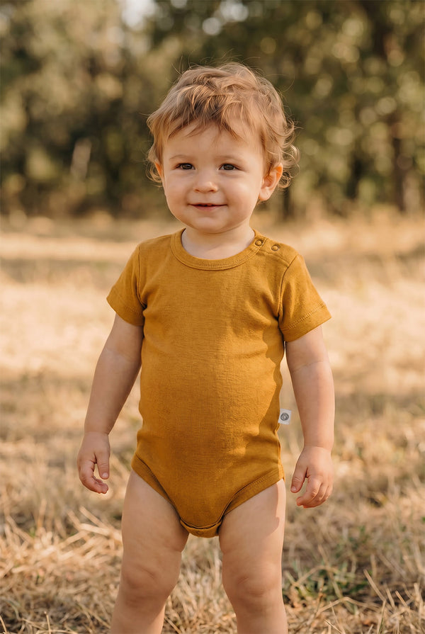 Wollen Romper korte mouw – Merinowol - Harvest Gold