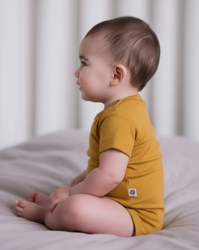 Wollen Romper korte mouw – Merinowol - Harvest Gold